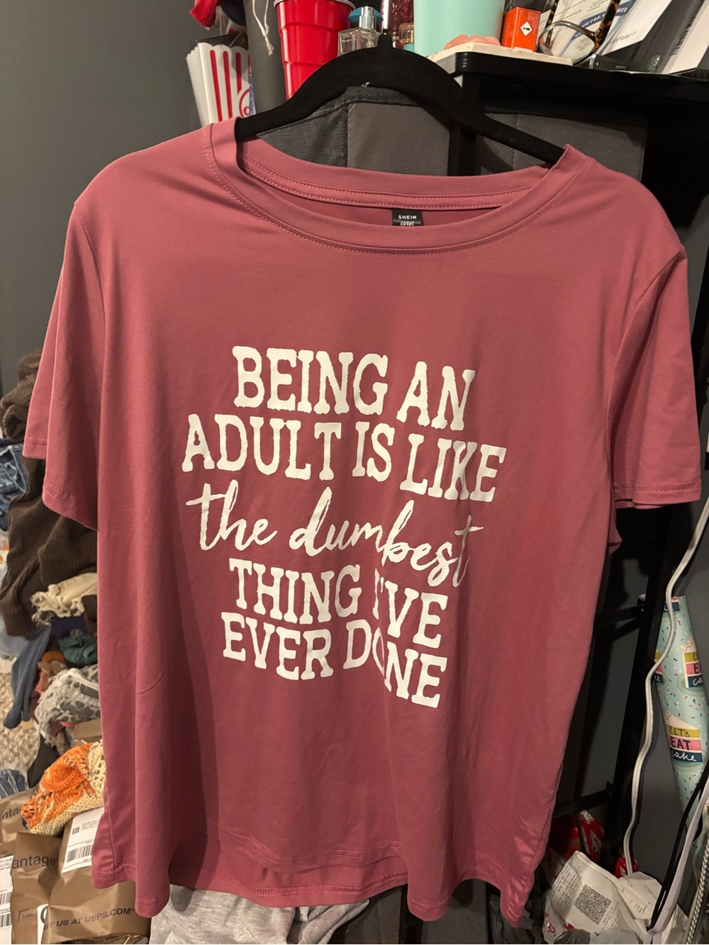 SHEIN Pink Short Sleeve Graphic Tee - 'Being an Adult'